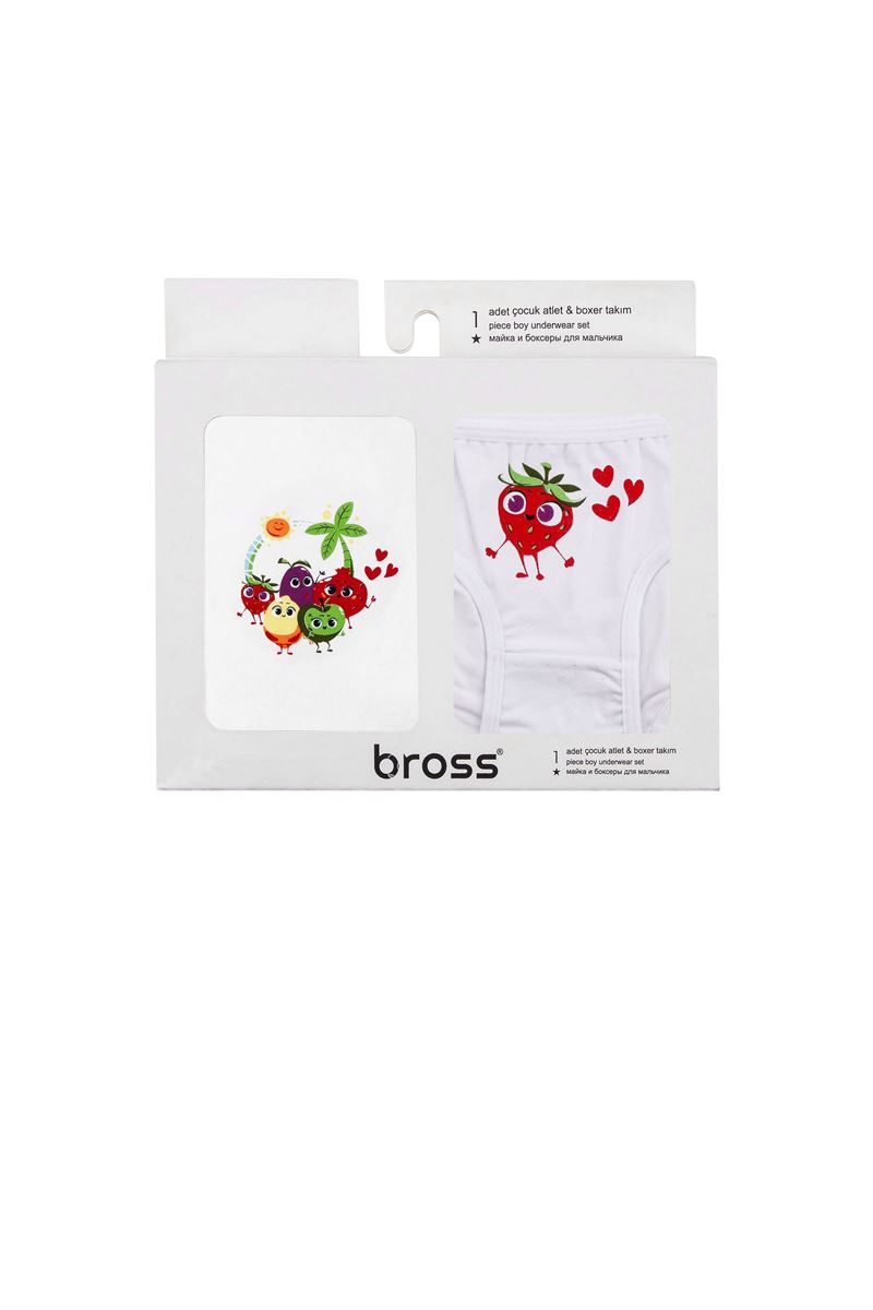 BROSS WHITE STRAWBERRY PATTERNED UNDERSHIRT-PANTIES SET BOX WHITE