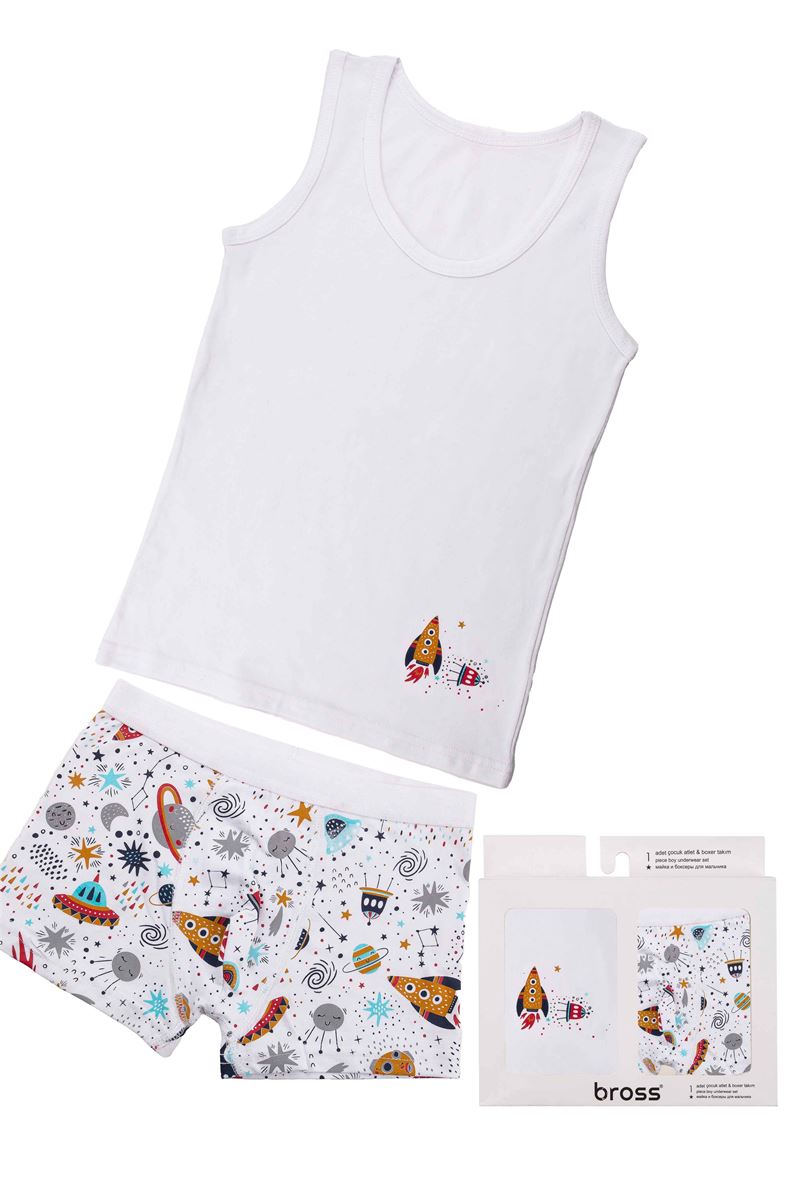 BROSS BOYS' SPACE VEST BOXER PACK WHITE