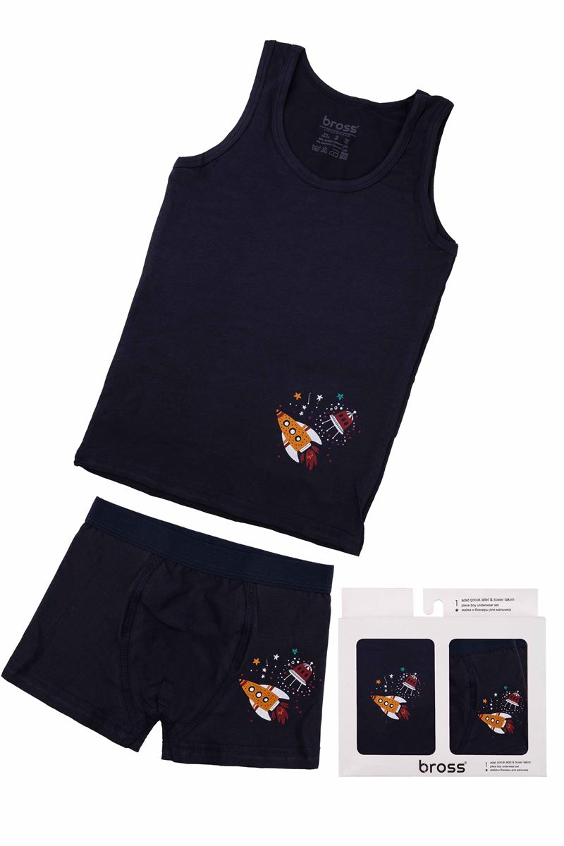 BROSS BOYS' SPACE VEST BOXER PACK NAVY BLUE