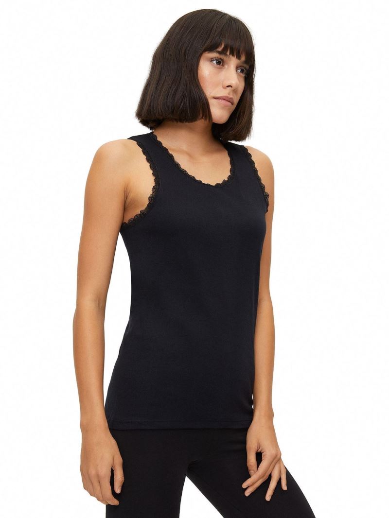BROSS WOMEN %100 COTTON LACE-COLLAR WIDE STRAP VEST BLACK