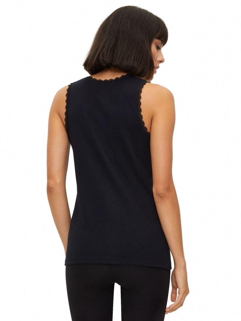 BROSS WOMEN %100 COTTON LACE-COLLAR WIDE STRAP VEST BLACK