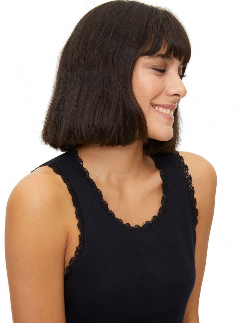 BROSS WOMEN %100 COTTON LACE-COLLAR WIDE STRAP VEST BLACK