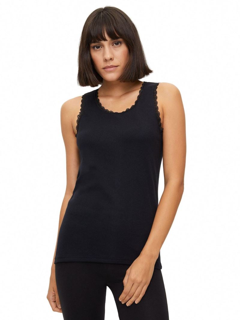BROSS WOMEN %100 COTTON LACE-COLLAR WIDE STRAP VEST BLACK