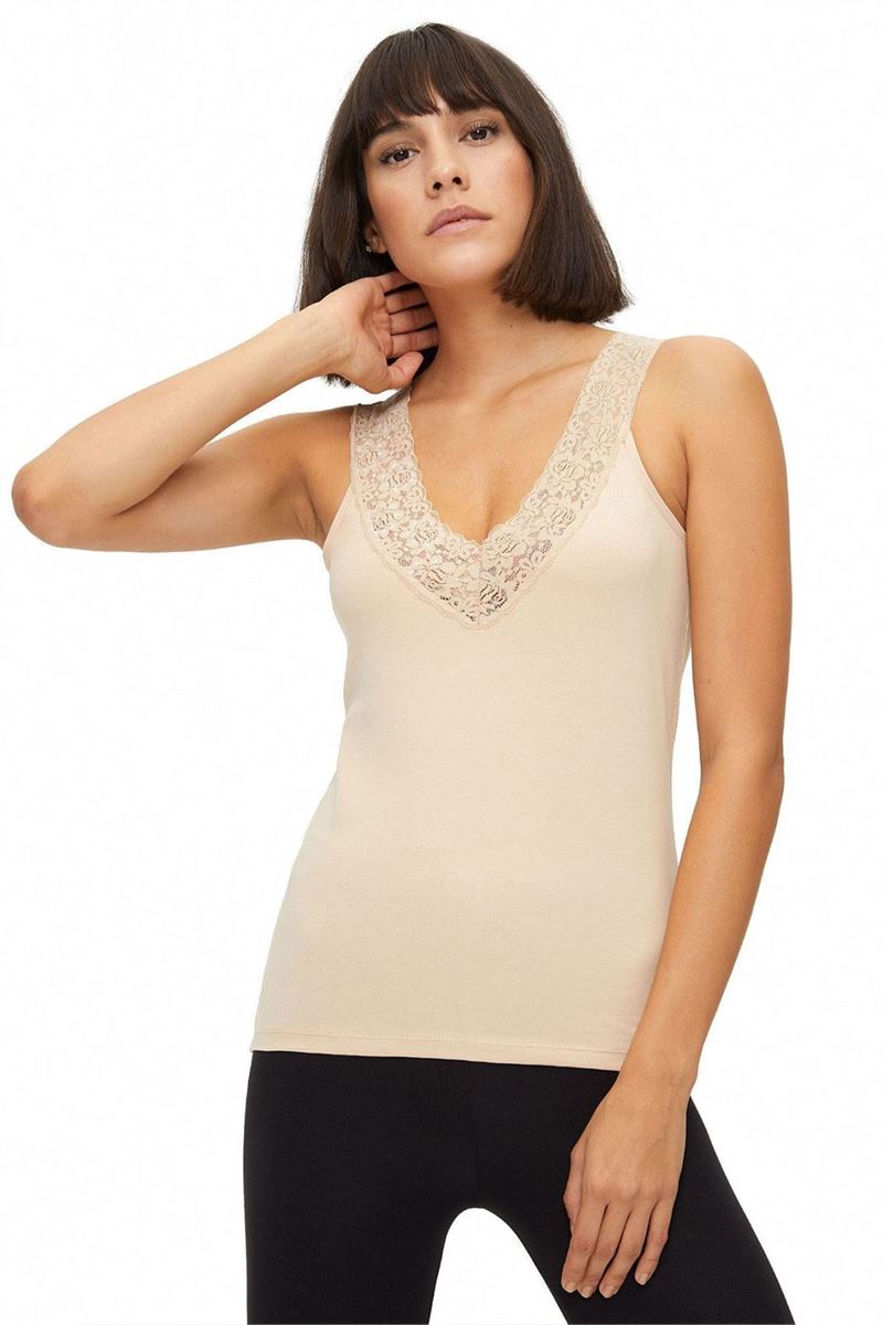 BROSS WOMEN LYCRA LACE-COLLAR WIDE STRAP VEST SKIN