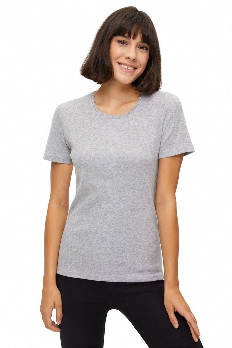 BROSS WOMEN %100 COTTON LACE-COLLAR CREW-NECK T-SHIRT GRAY MELANGE