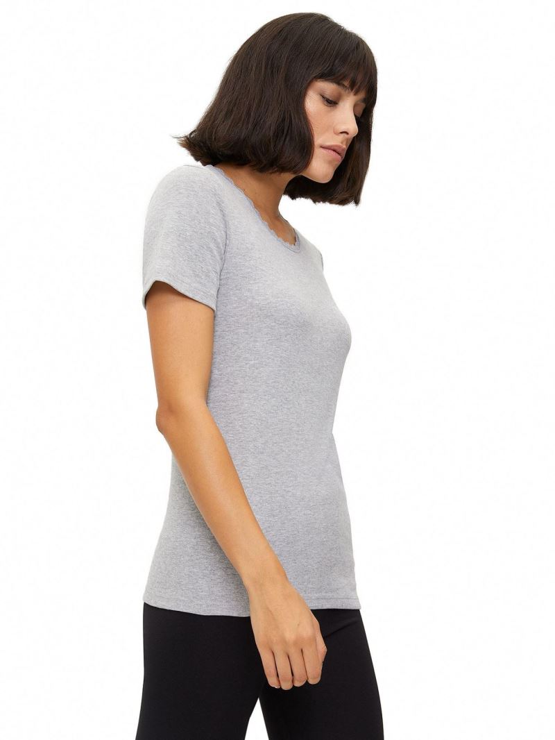 BROSS WOMEN %100 COTTON LACE-COLLAR CREW-NECK T-SHIRT GRAY MELANGE