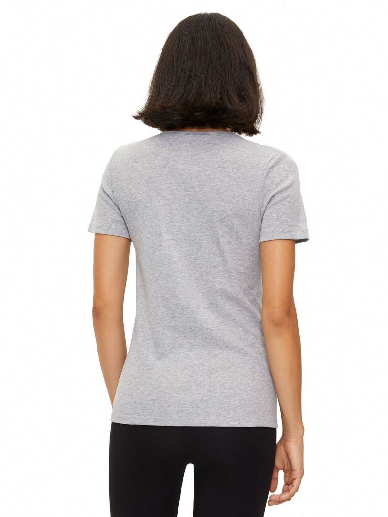 BROSS WOMEN %100 COTTON LACE-COLLAR CREW-NECK T-SHIRT GRAY MELANGE