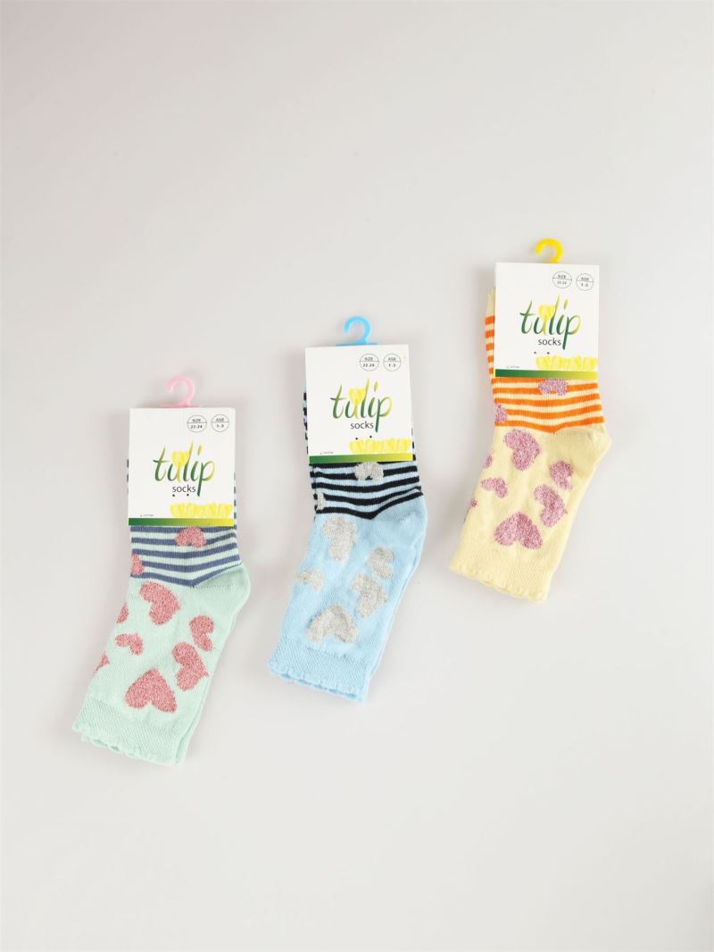 BROSS SILVERY HEART PATTERNED GIRLS  SOCKS ASORTY