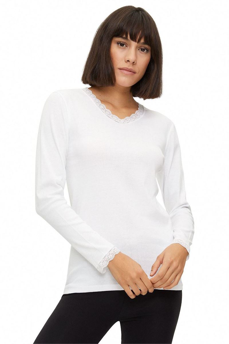 WOMEN %100 COTTON LACE-COLLAR CREW-NECK LONG SLEEVE T-SHIRT WHITE