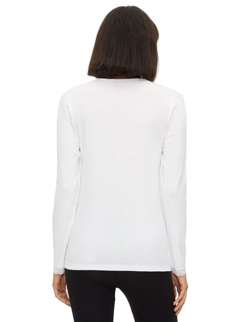 WOMEN %100 COTTON LACE-COLLAR CREW-NECK LONG SLEEVE T-SHIRT WHITE