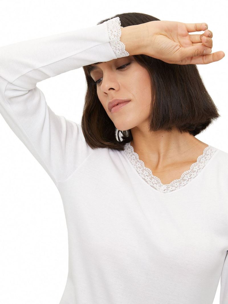 WOMEN %100 COTTON LACE-COLLAR CREW-NECK LONG SLEEVE T-SHIRT WHITE