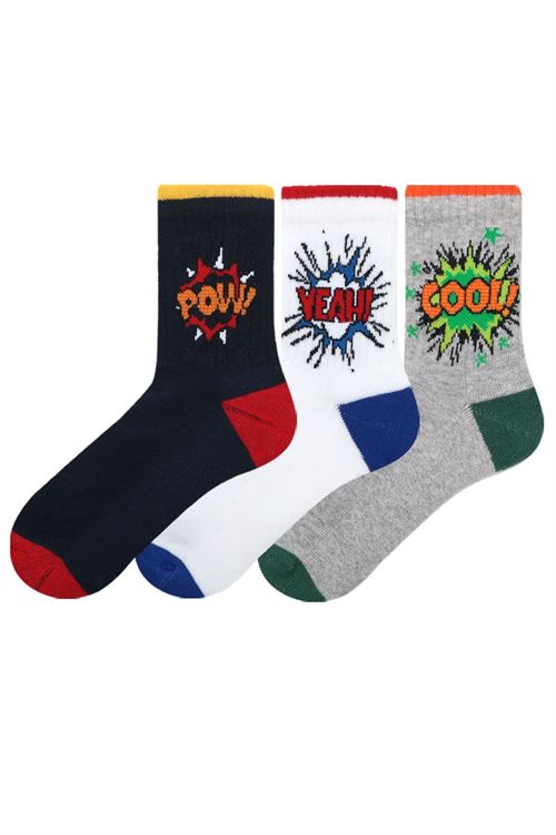 Slogan Patterned Boys Half Towel Fabric Socks 12