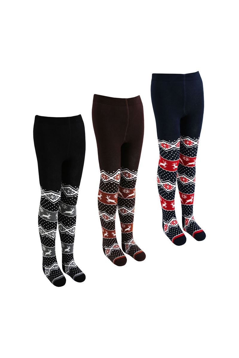 BROSS DEER AND ETHNIC PATTERNED GIRLS TERRY PANTYHOSE ASORTY