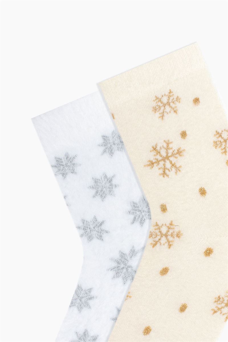 SNOWFLAKE PATTERNED FEATHERY WOMENS SOCKS ASORTY