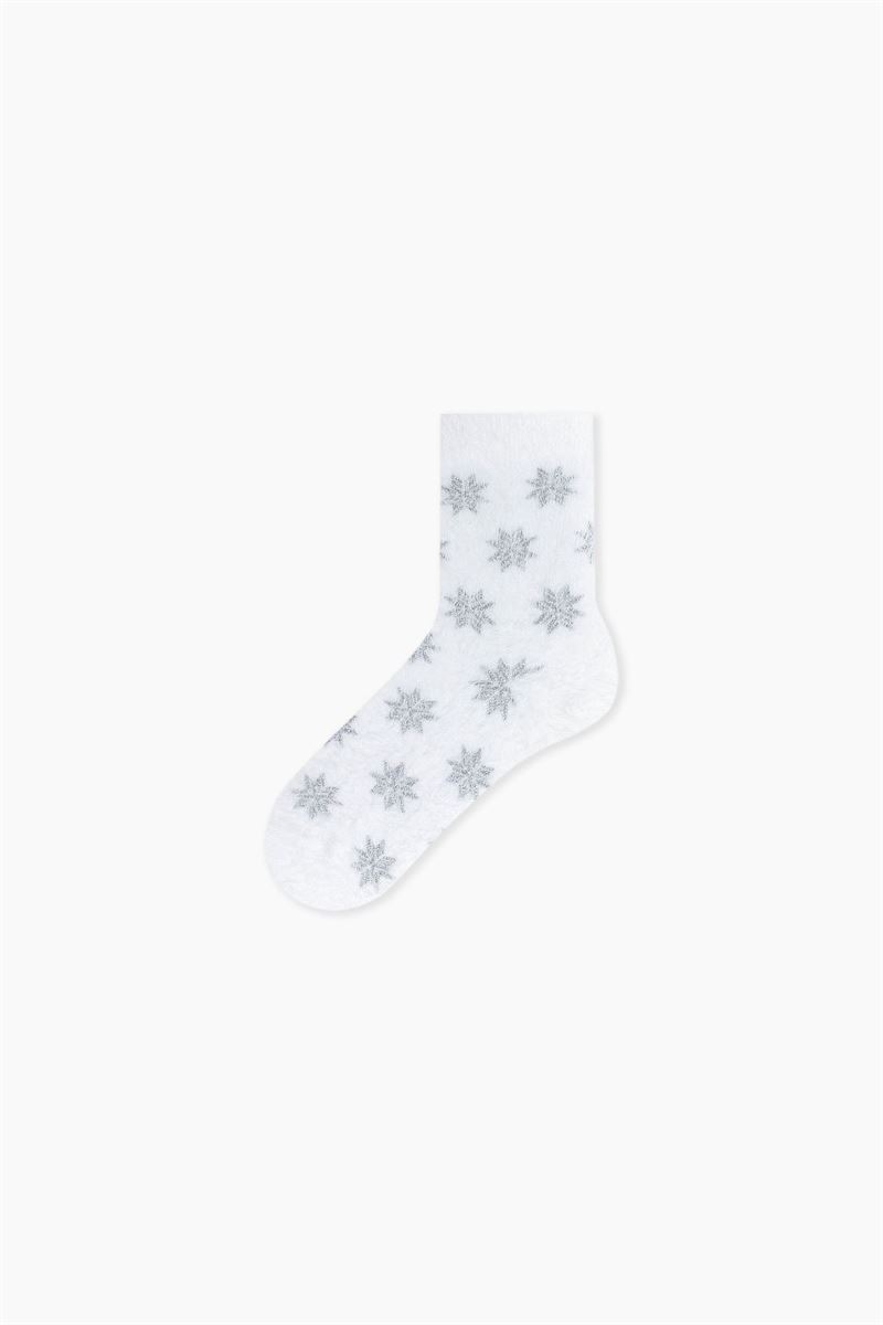 SNOWFLAKE PATTERNED FEATHERY WOMENS SOCKS ASORTY