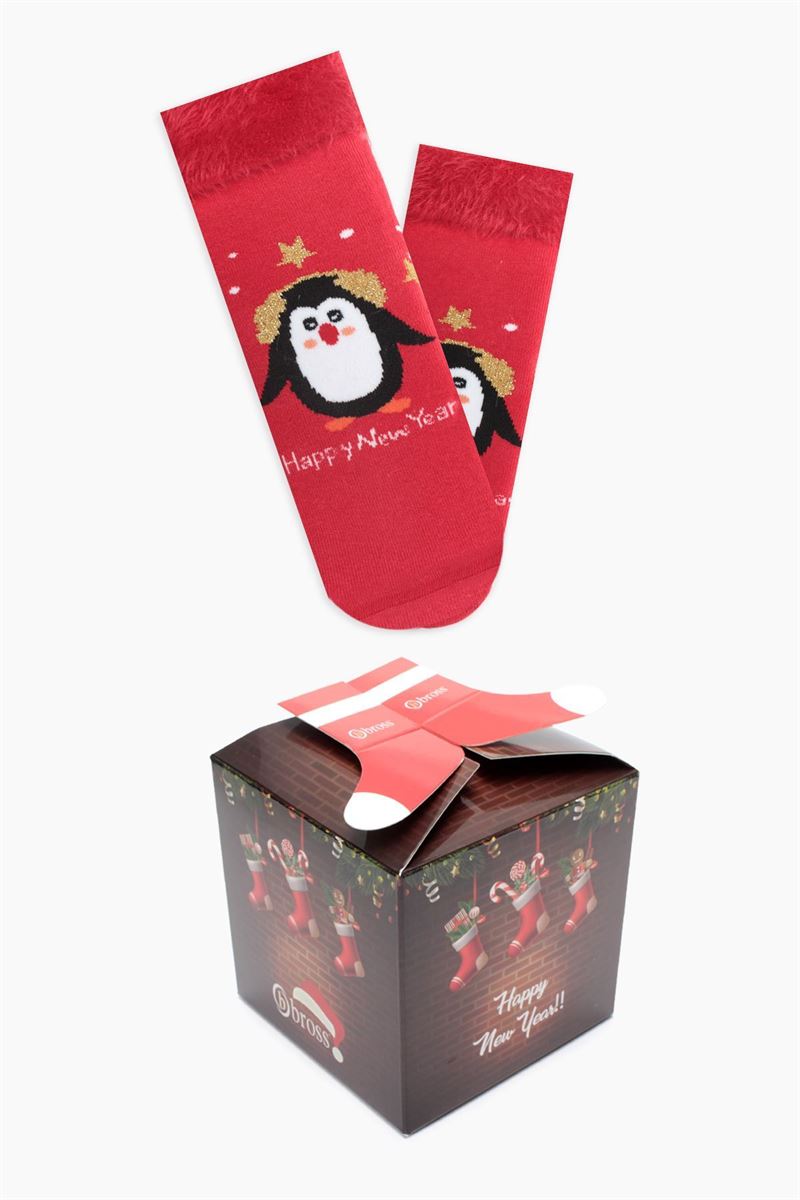 BOXED PENGUIN PATTERNED MOTHER-DAUGHTER TERRY SOCK RED