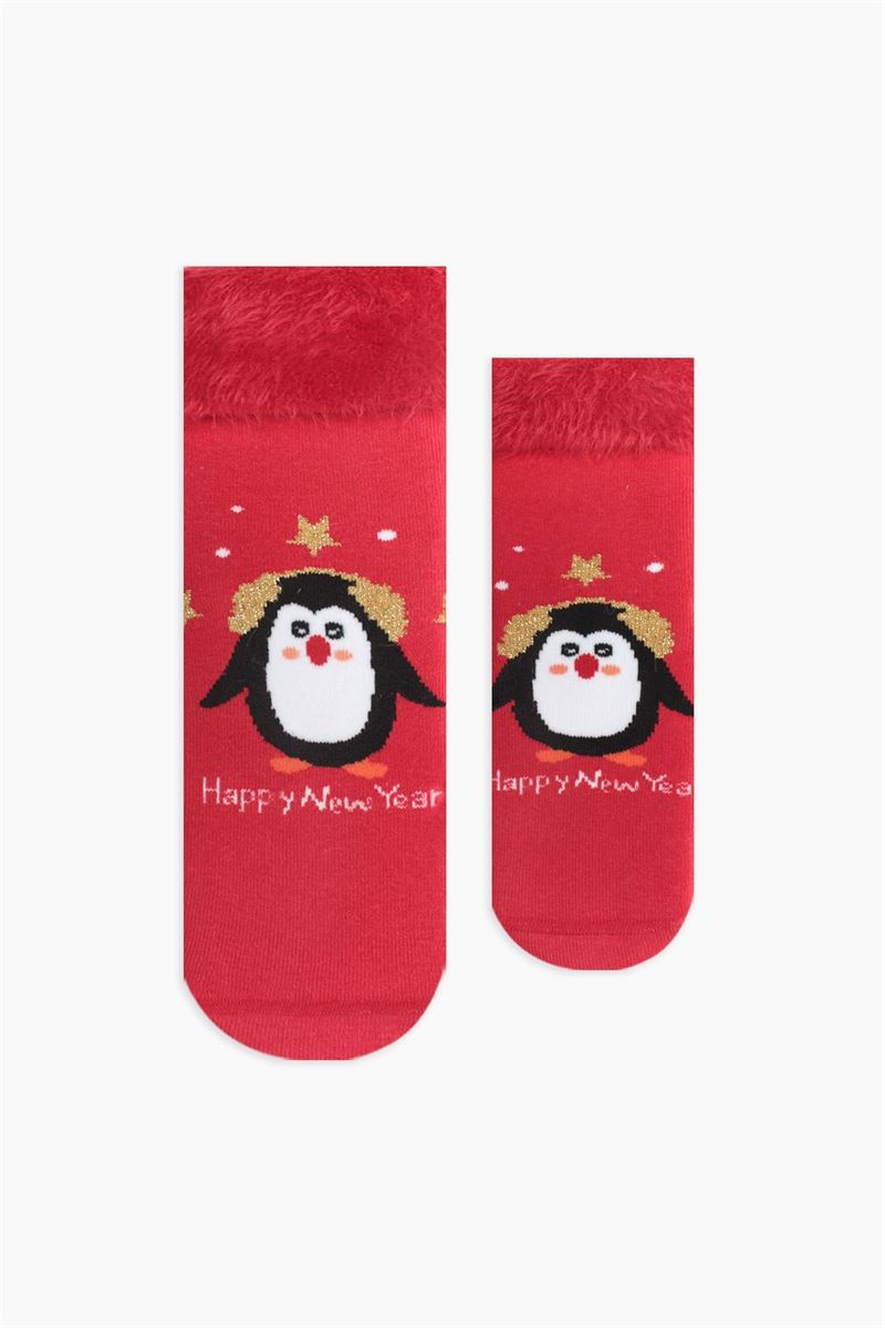 BOXED PENGUIN PATTERNED MOTHER-DAUGHTER TERRY SOCK RED