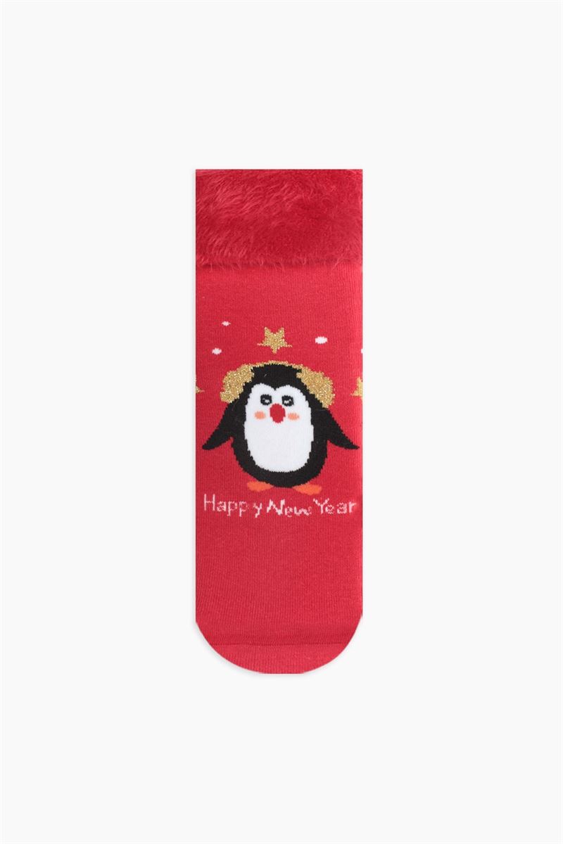 BOXED PENGUIN PATTERNED MOTHER-DAUGHTER TERRY SOCK RED