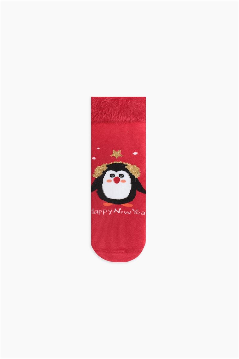 BOXED PENGUIN PATTERNED MOTHER-DAUGHTER TERRY SOCK RED