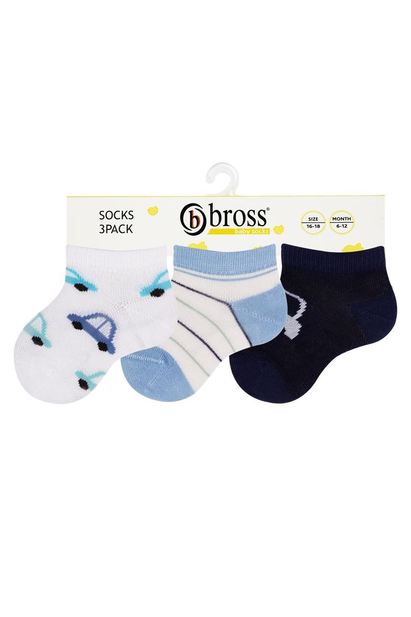 BROSS 3 PACK CAR PATTERNED BABY BOYS SHAFTLESS SOCKS ASORTY
