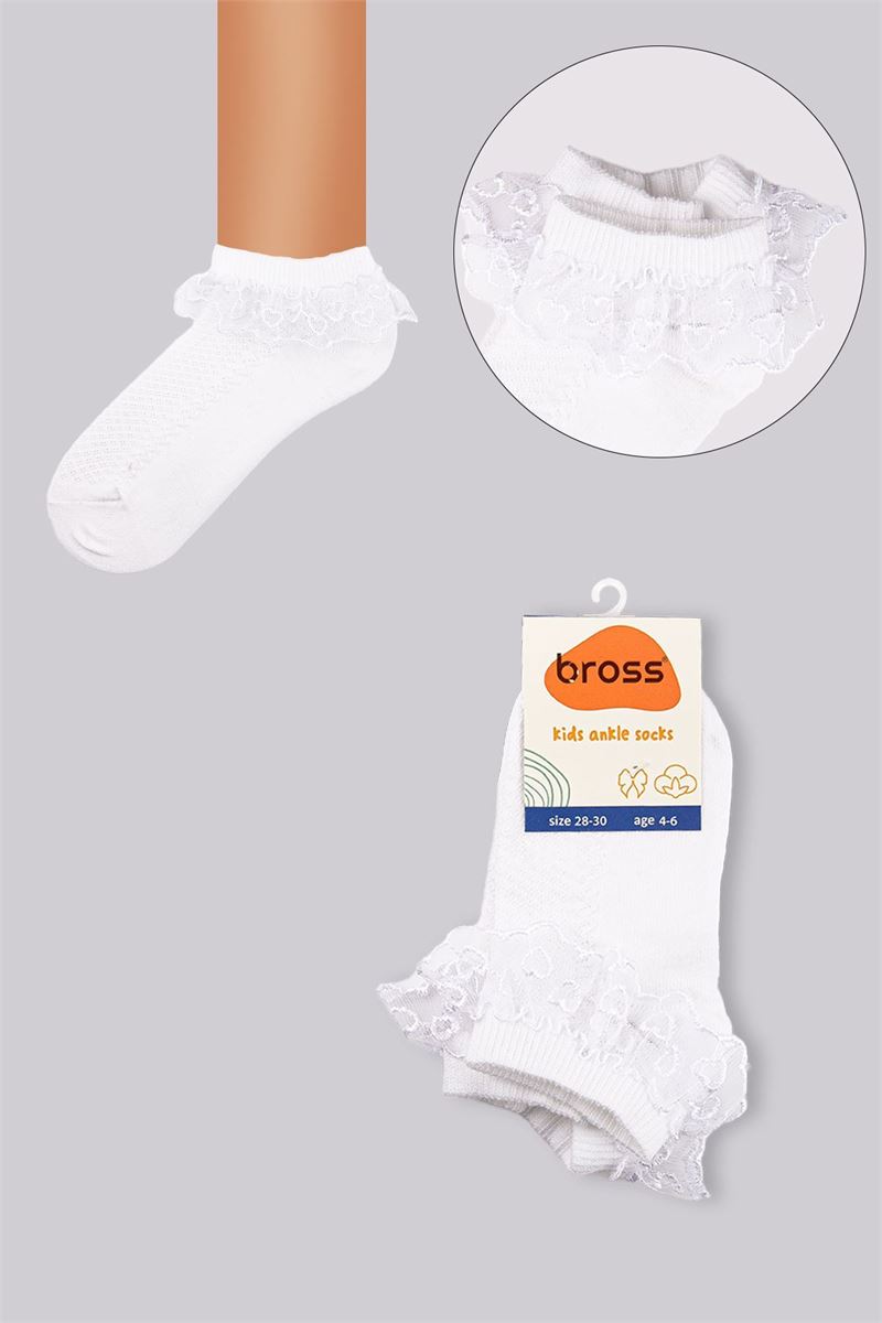 BROSS GIRLS' LACY ANKLE SOCKS WHITE