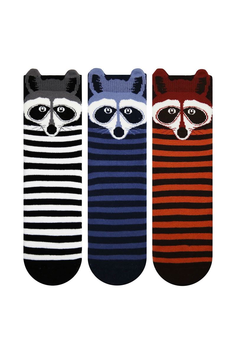 BROSS 3D RACCOON PATTERNED PRINTED BOYS TERRY SOCKS ASORTY