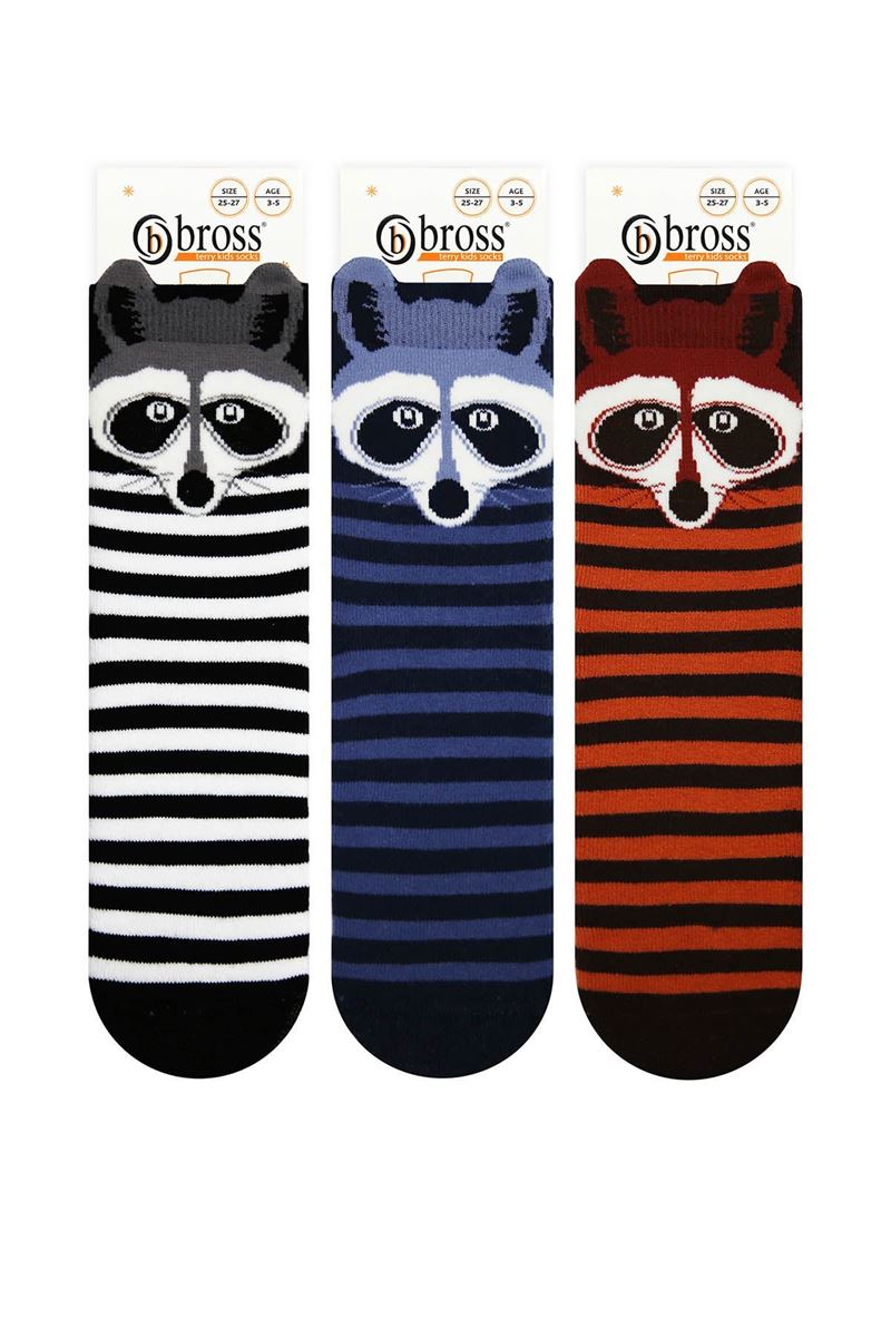 BROSS 3D RACCOON PATTERNED PRINTED BOYS TERRY SOCKS ASORTY