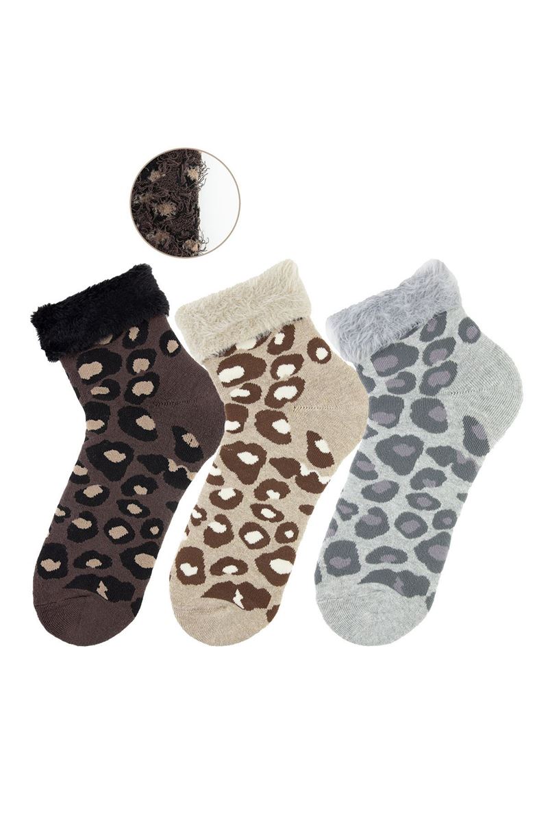 BROSS FRINGED LEOAPRD PATTERNED TERRY WOMENS SOCKS ASORTY
