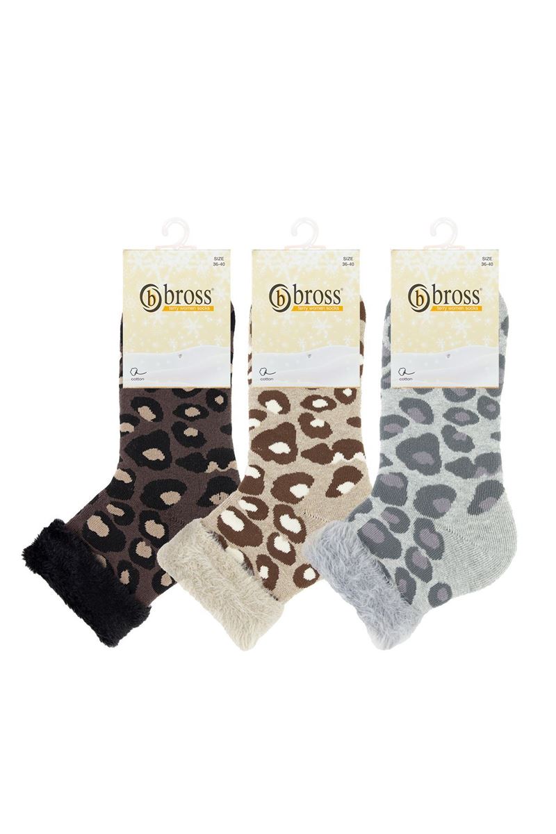 BROSS FRINGED LEOAPRD PATTERNED TERRY WOMENS SOCKS ASORTY