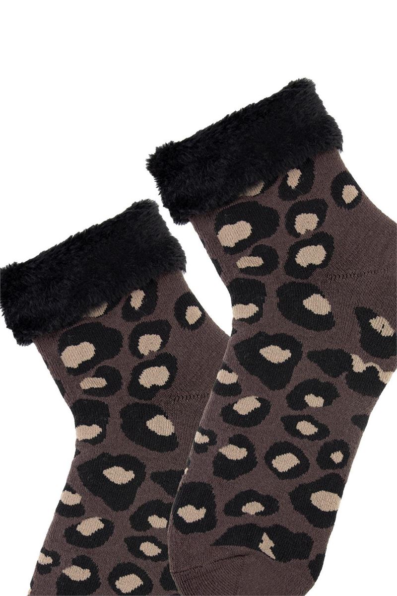 BROSS FRINGED LEOAPRD PATTERNED TERRY WOMENS SOCKS ASORTY