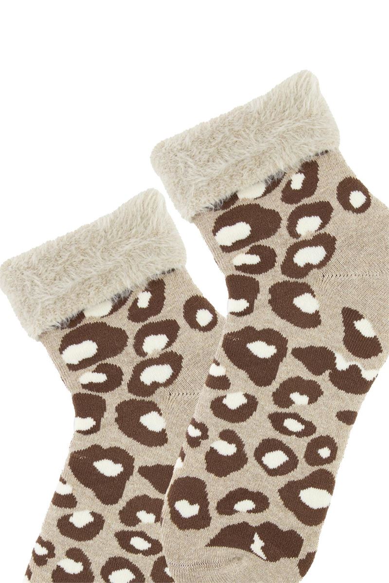 BROSS FRINGED LEOAPRD PATTERNED TERRY WOMENS SOCKS ASORTY