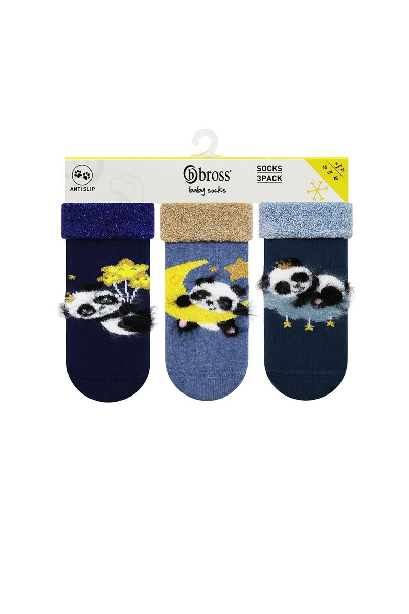 BROSS PANDA DESENLİ BASKILI HAVLU KIZ BEBEK ÇORABI ASORTİ
