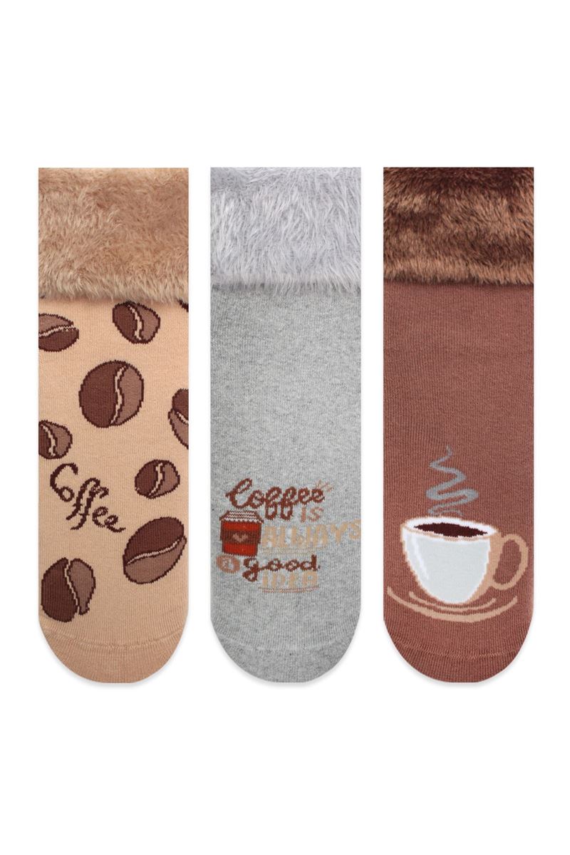 Fringed Coffee Patterned Womens Terry Socks 12