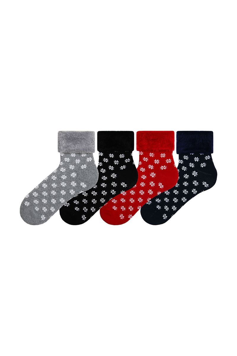 FRINGED SNOWFLAKE PATTERNED  WOMENS TERRY SOCKS