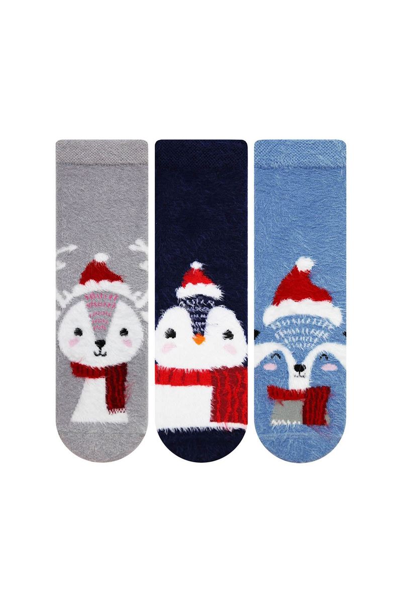 BROSS WINTER ANIMAL PRINTED FRINGED GIRL TERRY SOCKS ASORTY