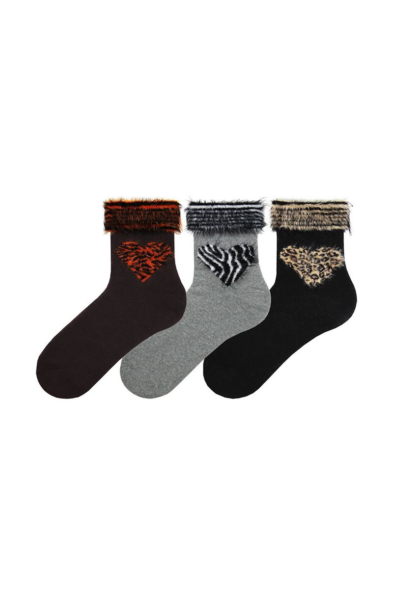 BROSS SAÇAKLI LEOPAR KALP DESENLİ HAVLU KADIN ÇORABI ASORTİ