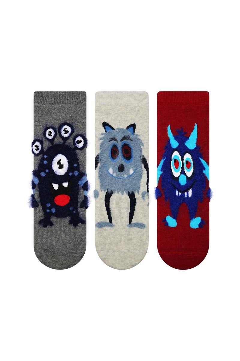 BROSS MONSTER PATTERNED BOYS TERRY FRINGED SOCKS ASORTY