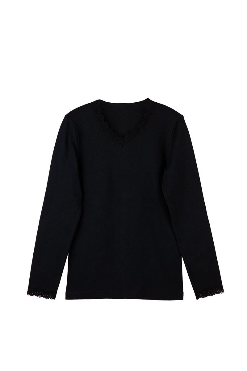 GIRLS %100 COTTON LACE-COLLAR LONG SLEEVE T-SHIRT BLACK