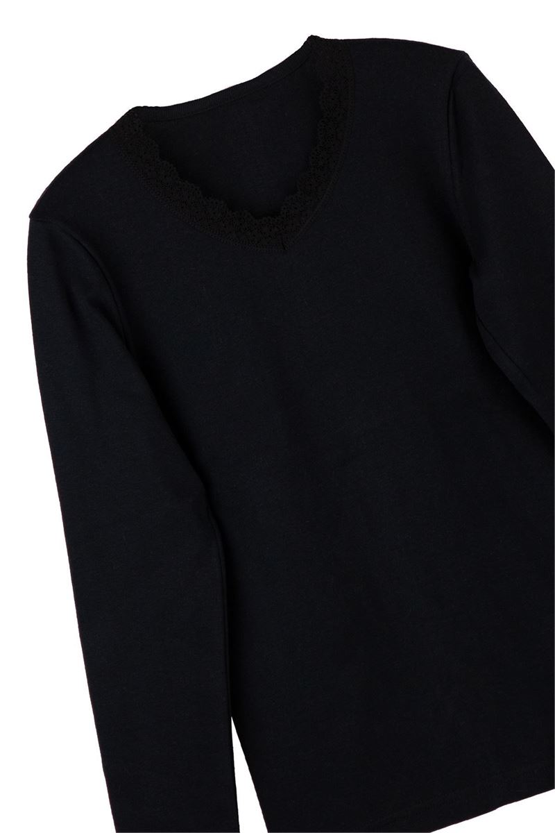 GIRLS %100 COTTON LACE-COLLAR LONG SLEEVE T-SHIRT BLACK