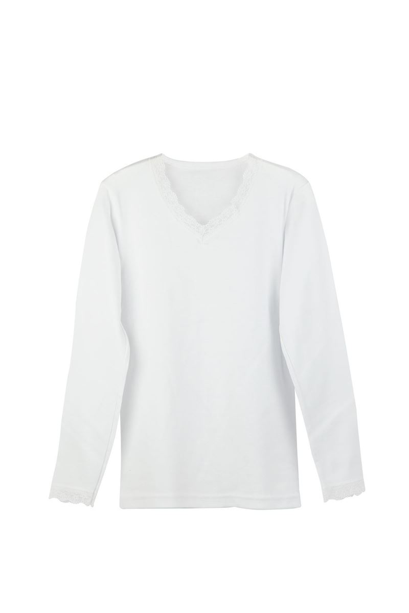 GIRLS %100 COTTON LACE-COLLAR LONG SLEEVE T-SHIRT WHITE