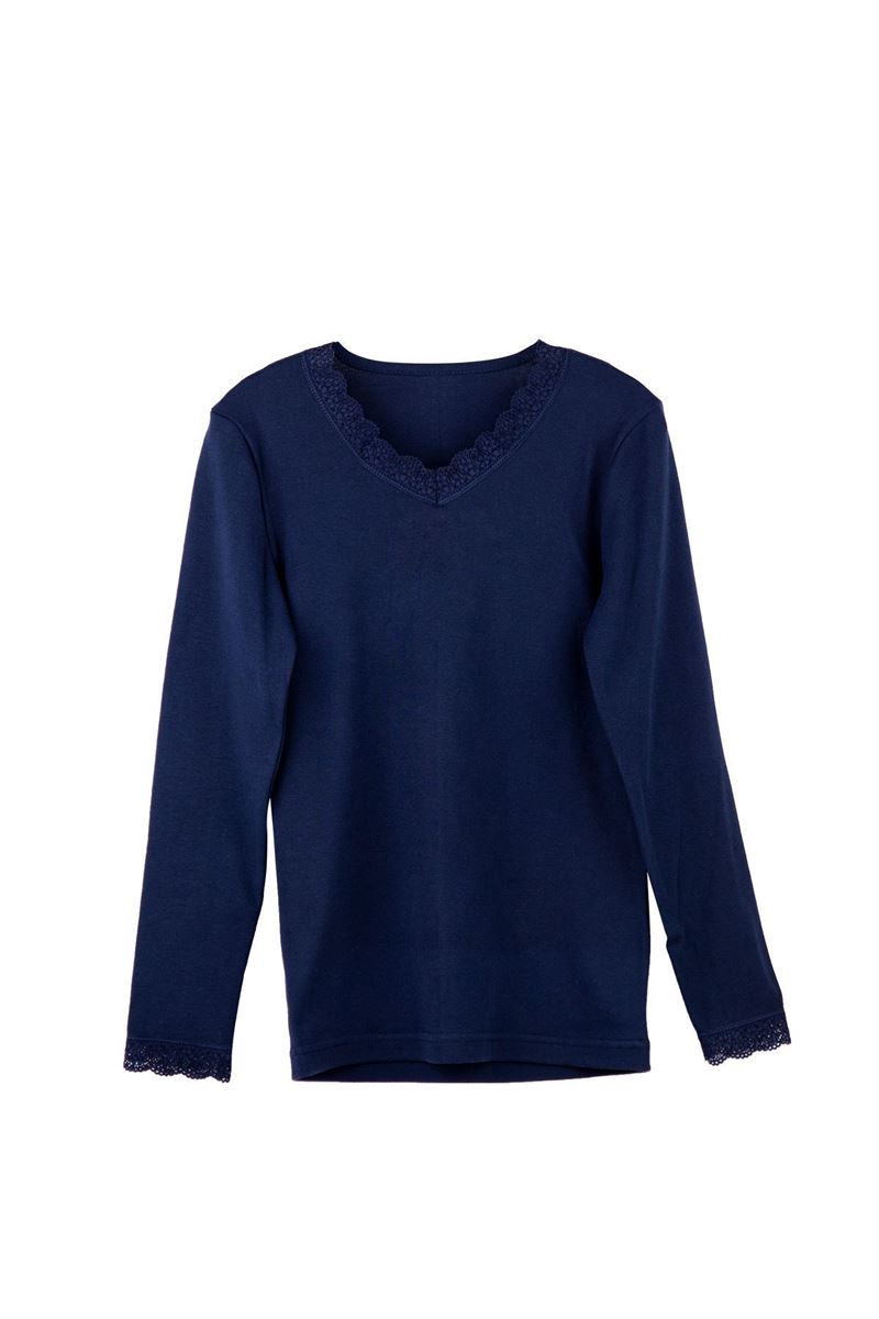 GIRLS %100 COTTON LACE-COLLAR LONG SLEEVE T-SHIRT NAVY BLUE