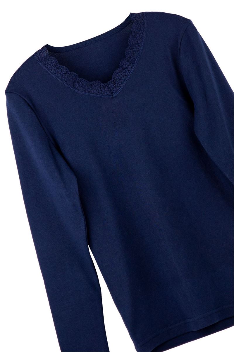 GIRLS %100 COTTON LACE-COLLAR LONG SLEEVE T-SHIRT NAVY BLUE